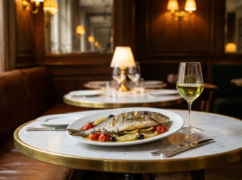 Daurade entière rôtie au citron, tomates cerises et olives sur un plat blanc, servie avec un verre de vin blanc sec jaune pâle, dans un bistrot chic