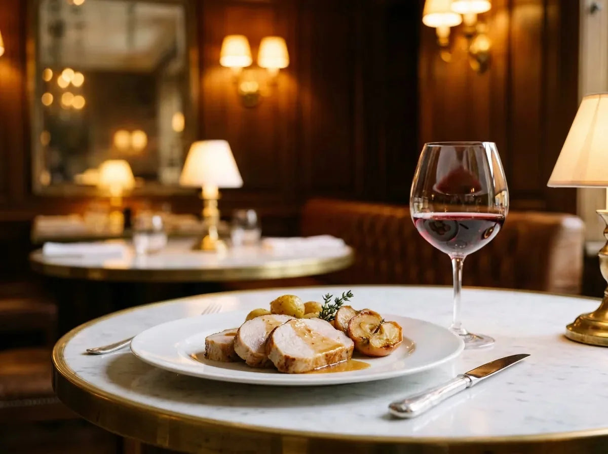 Tranches de rôti de porc doré, pommes de terre et pommes rôties sur une assiette blanche, avec un verre de vin rouge rubis, dans un bistrot chic