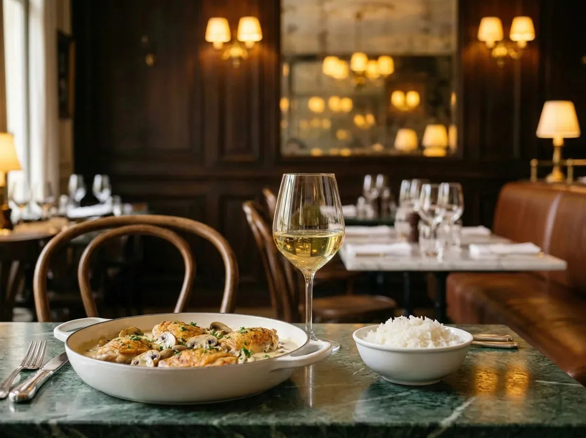 Cuisses de poulet dorées en sauce crème aux champignons dans une cocotte blanche, riz blanc et verre de vin blanc doré, dans un bistrot chic