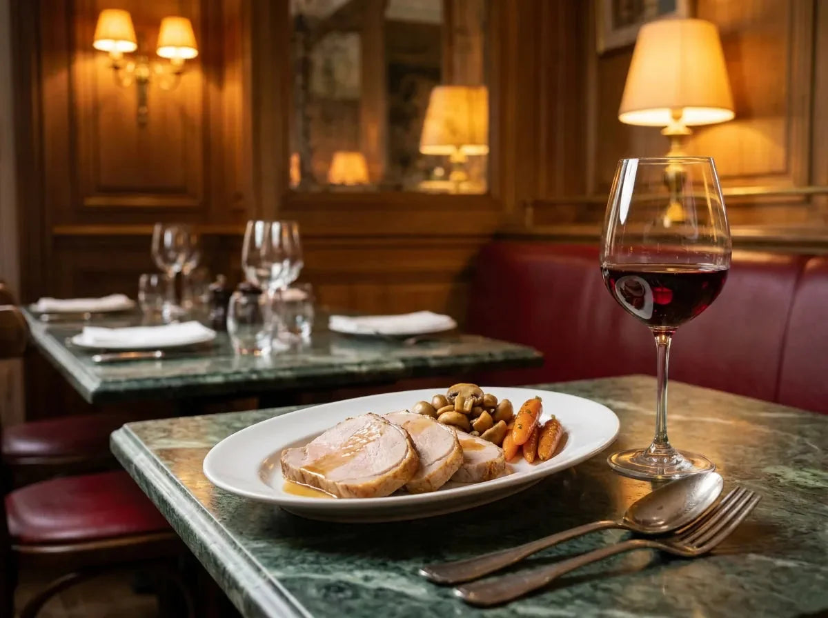 Tranches de rôti de veau rosé avec jus, champignons poêlés et carottes glacées, et un verre de vin rouge rubis de Montravel, dans un bistrot chic