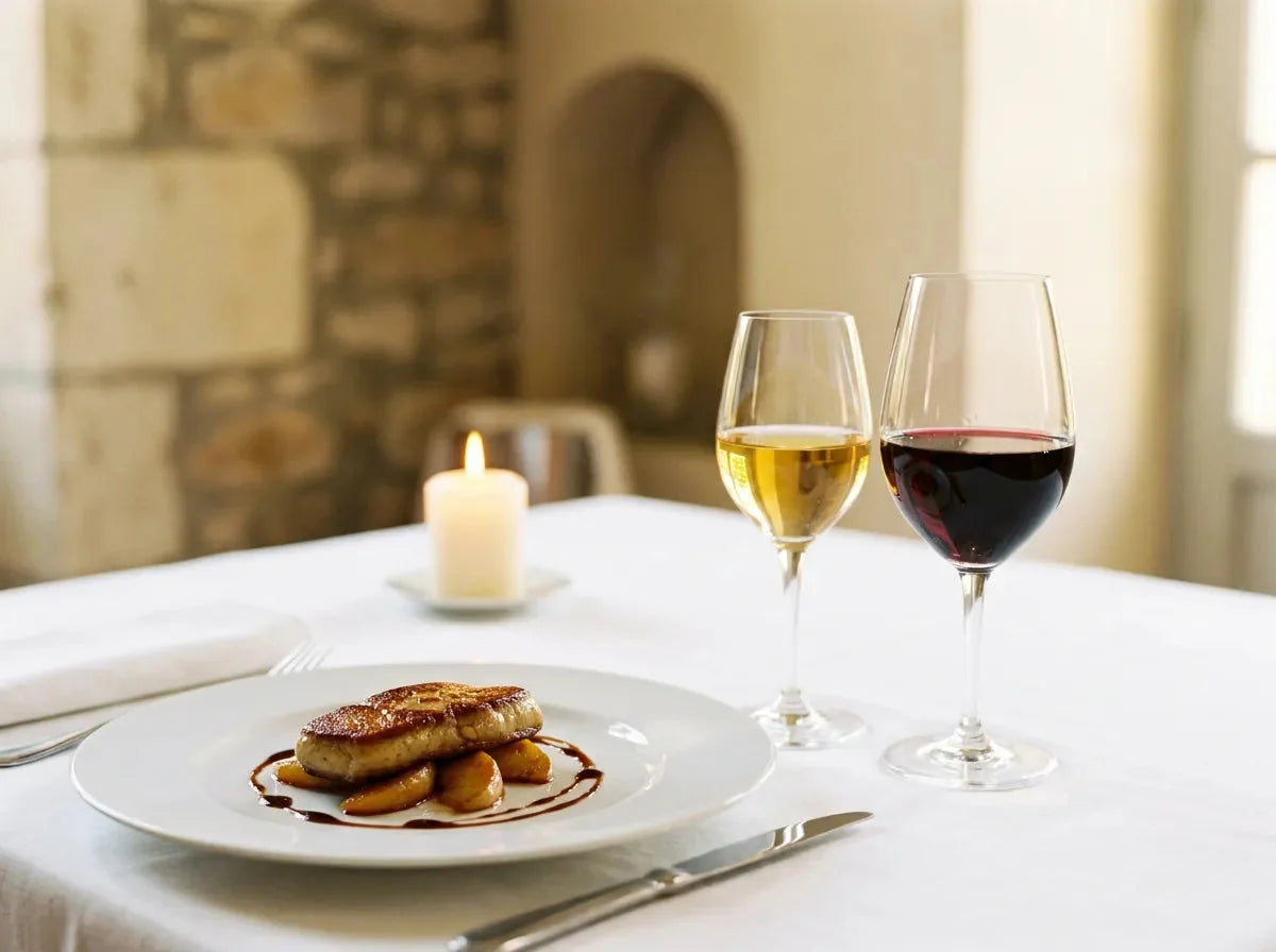 Escalope de foie gras poêlée sur pommes caramélisées, avec un verre de vin blanc liquoreux doré et un verre de Pécharmant rouge rubis.