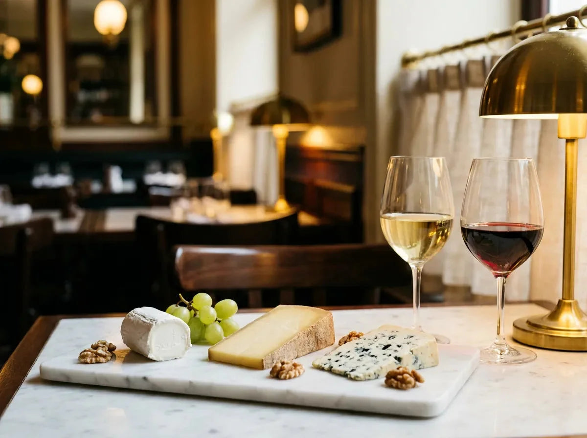 Plateau de fromages, chèvre, comté et roquefort avec noix et raisin, accompagné d'un verre de blanc doré et d'un verre de rouge rubis.