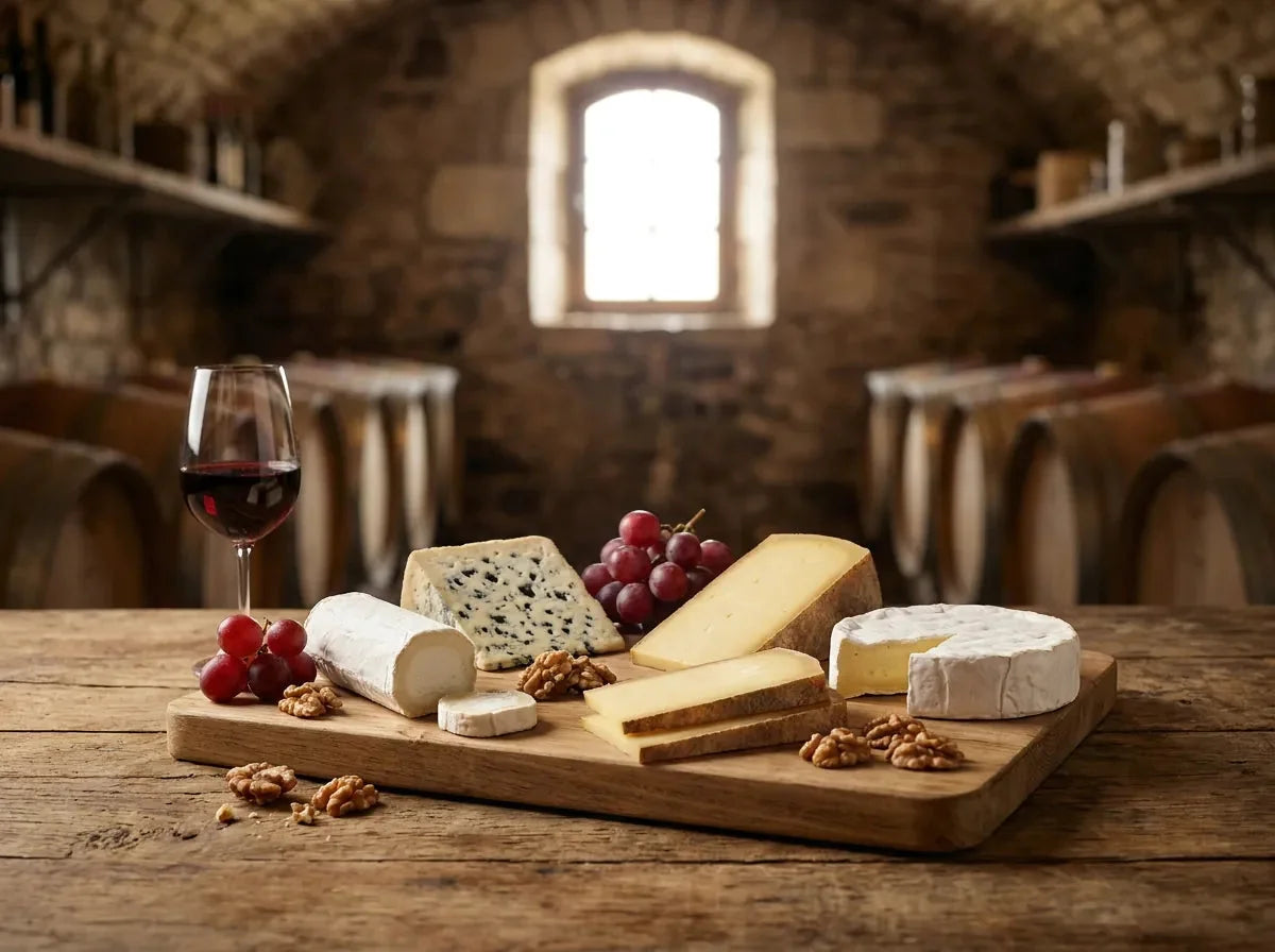 Plateau de fromages variés avec verres de vin rouge et blanc sur une table en bois rustique