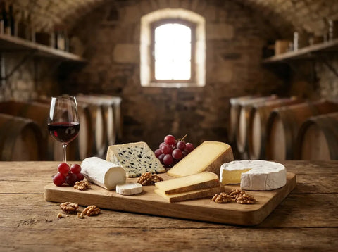 Plateau de fromages variés avec verres de vin rouge et blanc sur une table en bois rustique