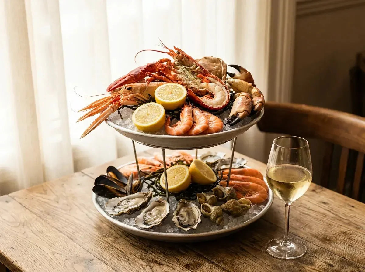 Plateau de fruits de mer étagé avec homard, langoustines, huîtres et bulots, verre de vin blanc vif
