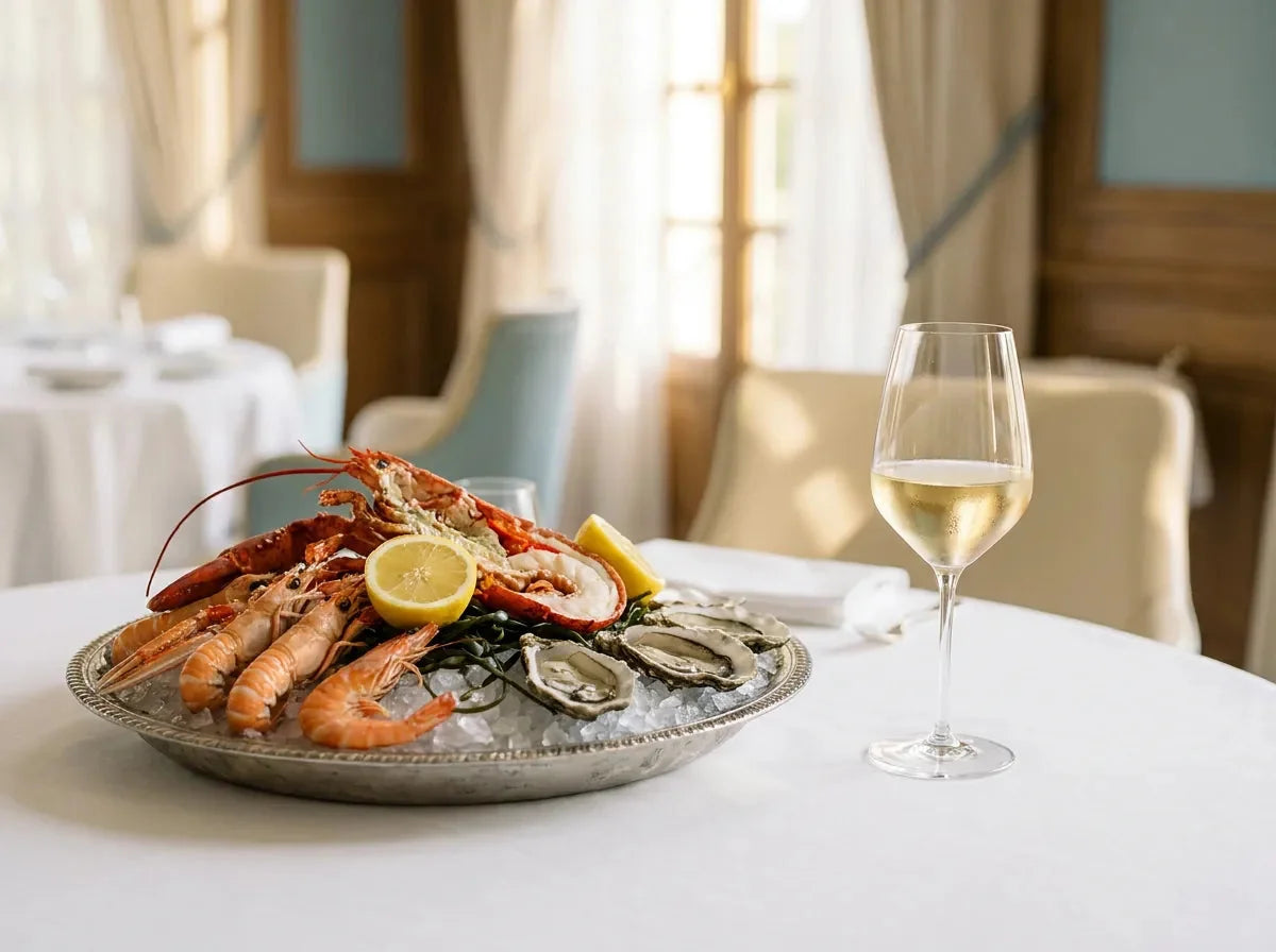 Grand plateau de fruits de mer sur glace pilée, demi homard, langoustines, crevettes et huîtres, avec un verre de vin blanc doré.