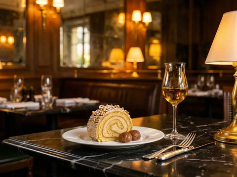 Part de bûche de Noël roulée au praliné sur une assiette blanche, noisettes et marrons glacés, avec un petit verre de vin moelleux doré, dans un bistrot chic