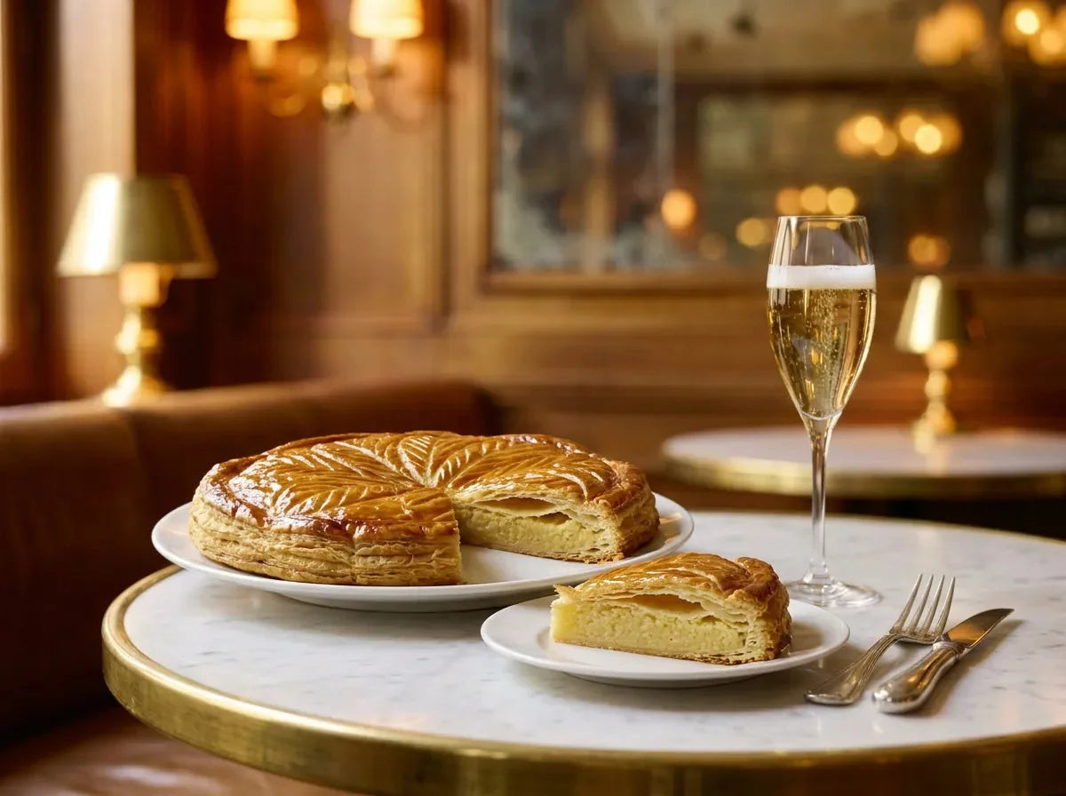 Galette des rois frangipane dorée avec une part découpée montrant la crème d'amande, servie avec une flûte de crémant demi-sec doré, dans un bistrot chic
