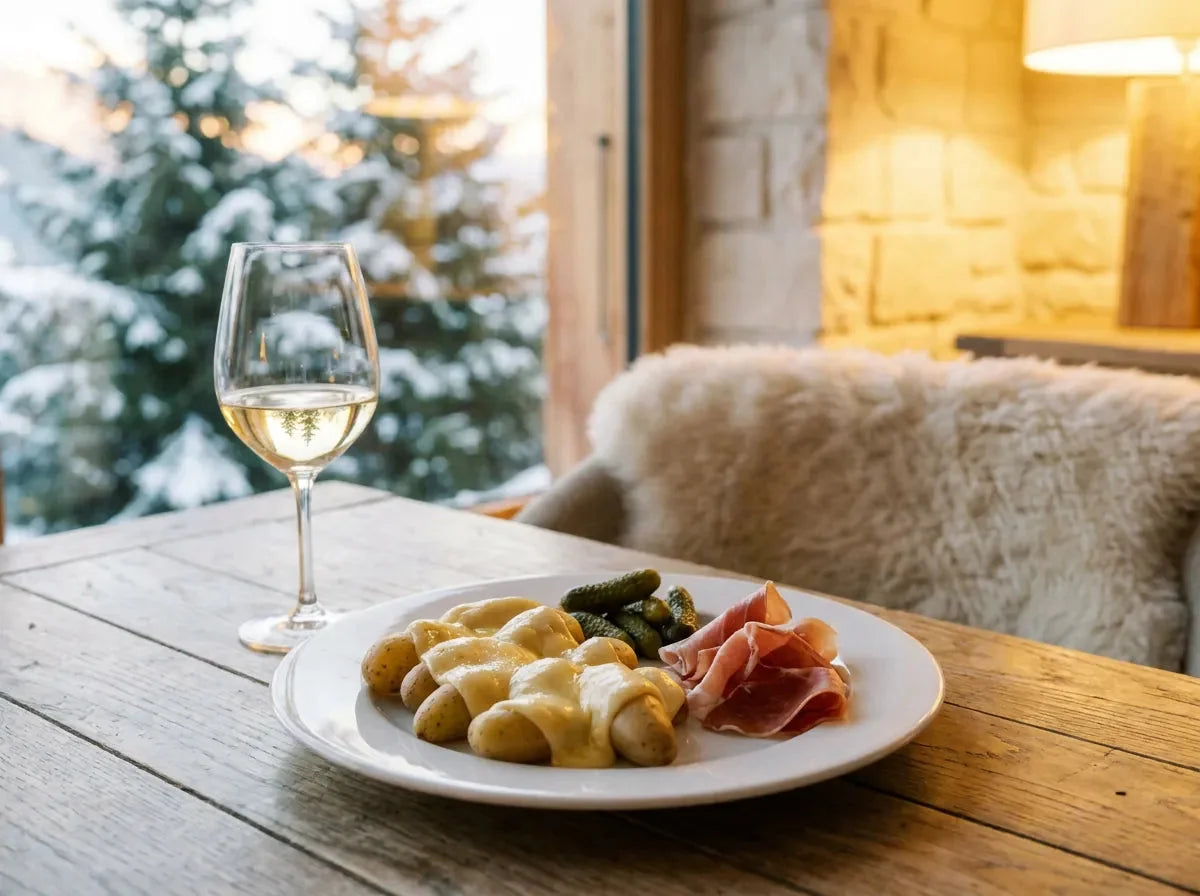 Raclette fondante sur pommes de terre vapeur, cornichons et charcuterie, avec un verre de vin blanc de Savoie dans un restaurant de montagne.