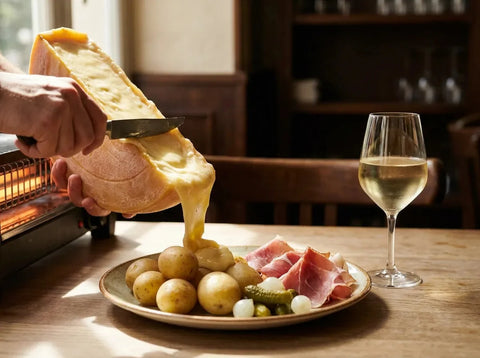 Demi-meule de raclette fondue raclée sur pommes de terre et charcuterie, verre de vin blanc à côté