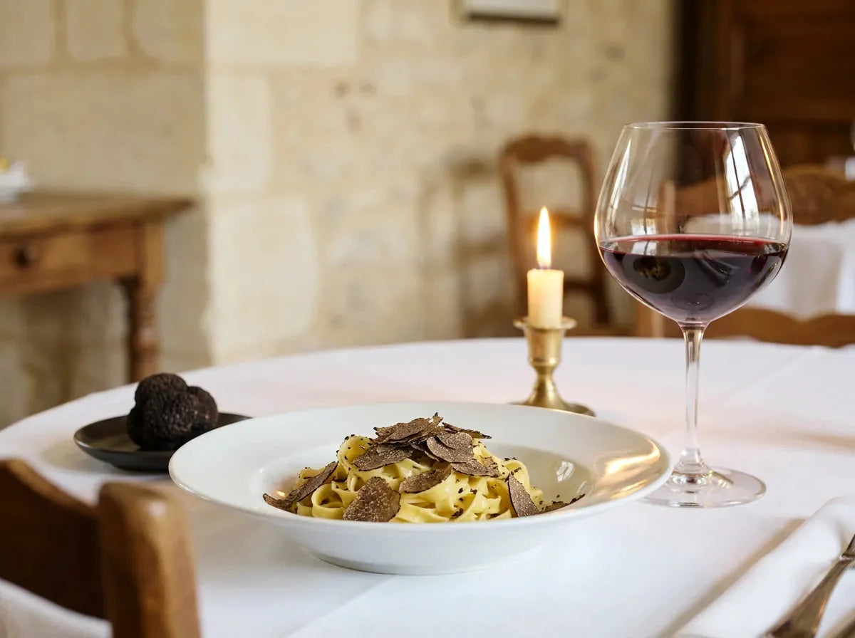 Tagliatelles couvertes de lamelles de truffe noire du Périgord, une truffe entière à côté et un verre de vin rouge grenat évolué.