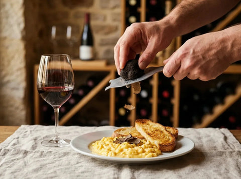 Truffe noire fraîche râpée sur un plat avec un verre de vin rouge, ambiance de cave à vin périgourdine