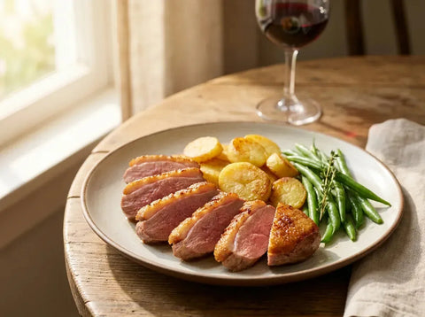 Magret de canard tranché rosé à la peau croustillante, pommes de terre sarladaises et verre de vin rouge
