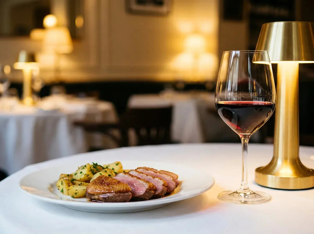 Magret de canard rosé à la peau dorée et pommes sautées persillées, accompagné d'un verre de vin rouge de Bergerac rubis profond.