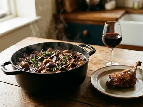 Civet de gibier aux châtaignes et champignons en cocotte, cuisse rôtie et verre de vin rouge puissant