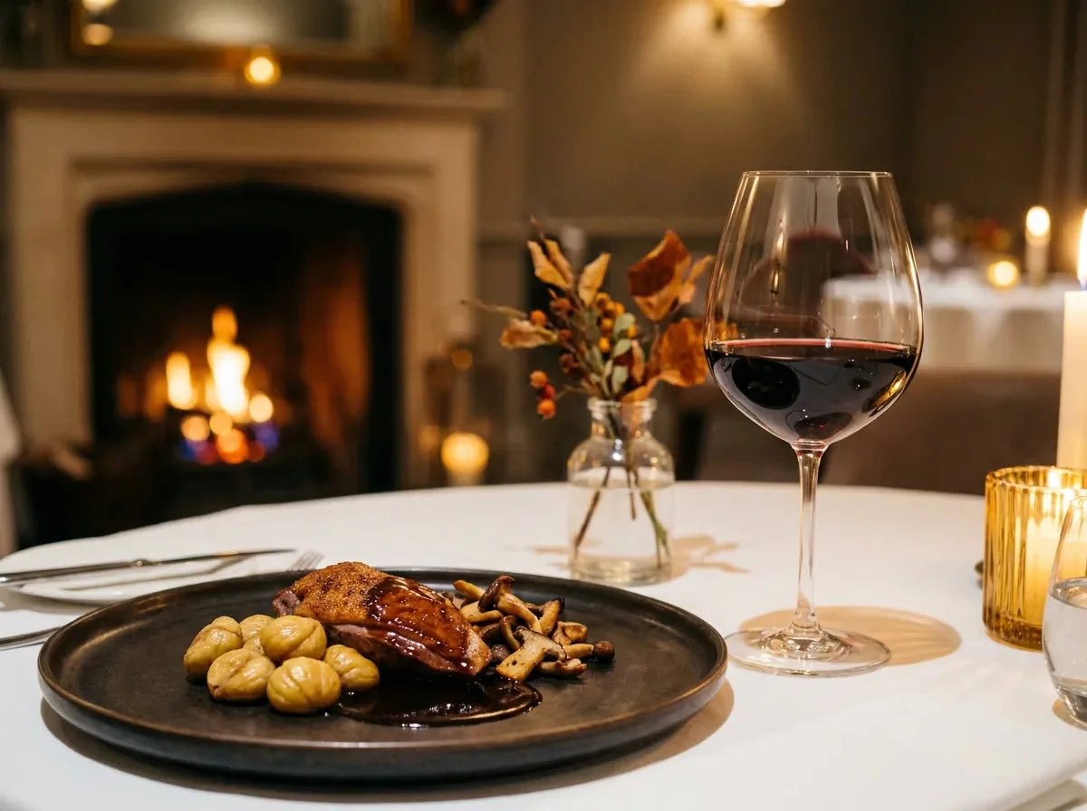 Suprême de faisan rôti en sauce avec châtaignes et champignons des bois, servi avec un verre de vin rouge grenat au coin du feu.