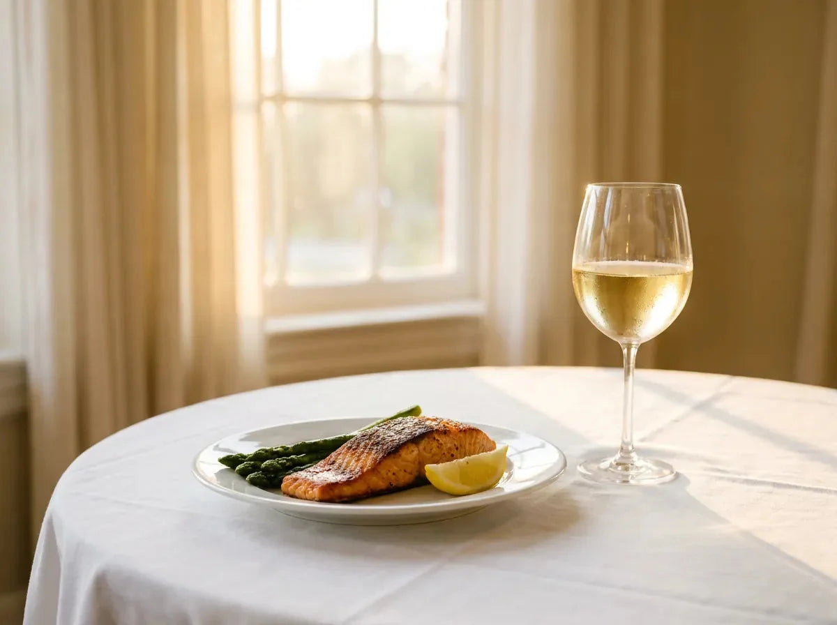 Pavé de saumon grillé à la peau croustillante, citron et asperges vertes, servi avec un verre de vin blanc doré sur nappe blanche.