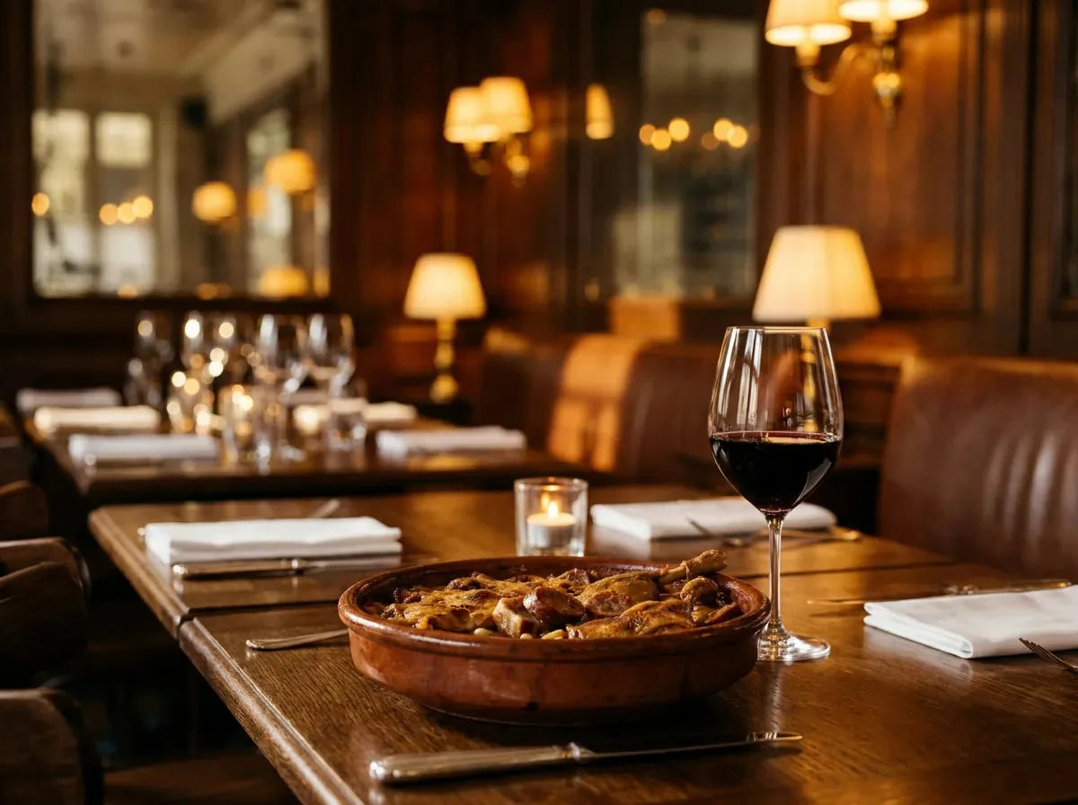 Cassole en terre cuite de cassoulet gratiné, confit de canard et saucisse, avec un verre de vin rouge grenat profond, dans un bistrot chic
