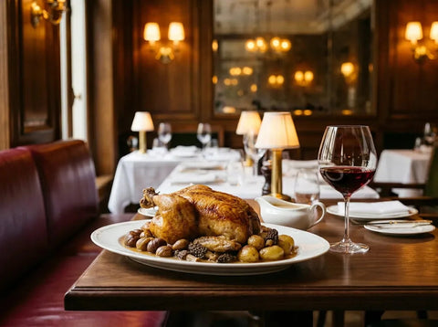 Chapon rôti doré sur un plat blanc avec marrons, pommes de terre et morilles, à côté d'un grand verre de vin rouge rubis, dans un bistrot chic