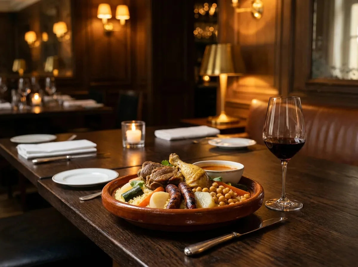 Couscous royal servi dans un grand plat en terre cuite, agneau, poulet, merguez et légumes, à côté d'un verre de vin rouge du Sud, dans un bistrot chic