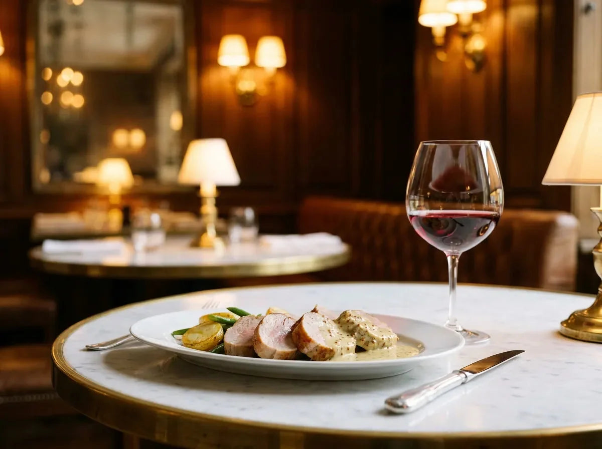 Filet mignon de porc tranché en médaillons, nappé d'une sauce crémeuse à la moutarde à l'ancienne, avec pommes de terre sautées et un verre de vin rouge rubis, dans un bistrot chic