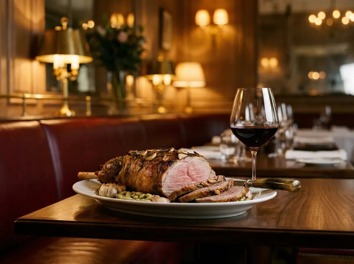 Gigot d'agneau rôti à l'ail et au romarin, tranches rosées et flageolets sur un plat blanc, avec un verre de vin rouge rubis profond, dans un bistrot chic