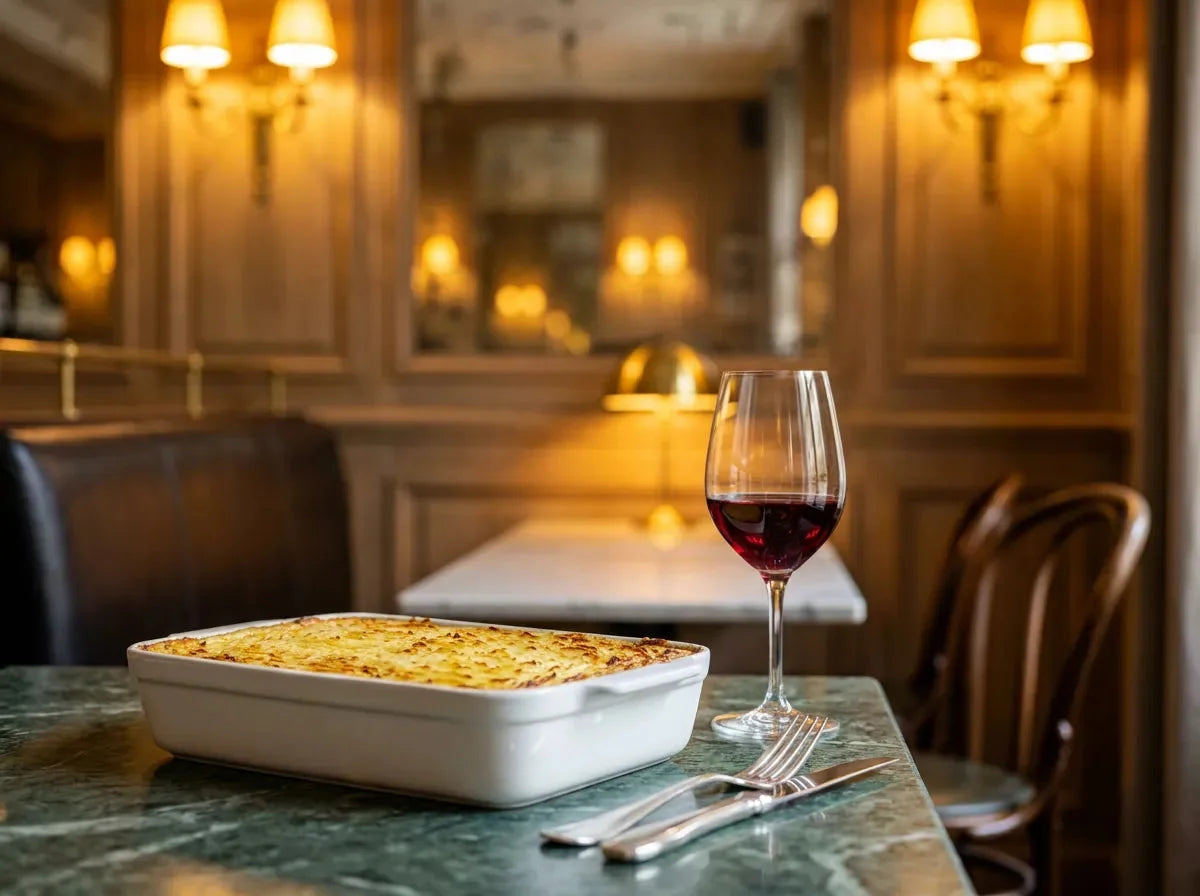 Plat de hachis parmentier à la purée gratinée et dorée, avec un verre de vin rouge rubis, sur une table en marbre vert dans un bistrot chic