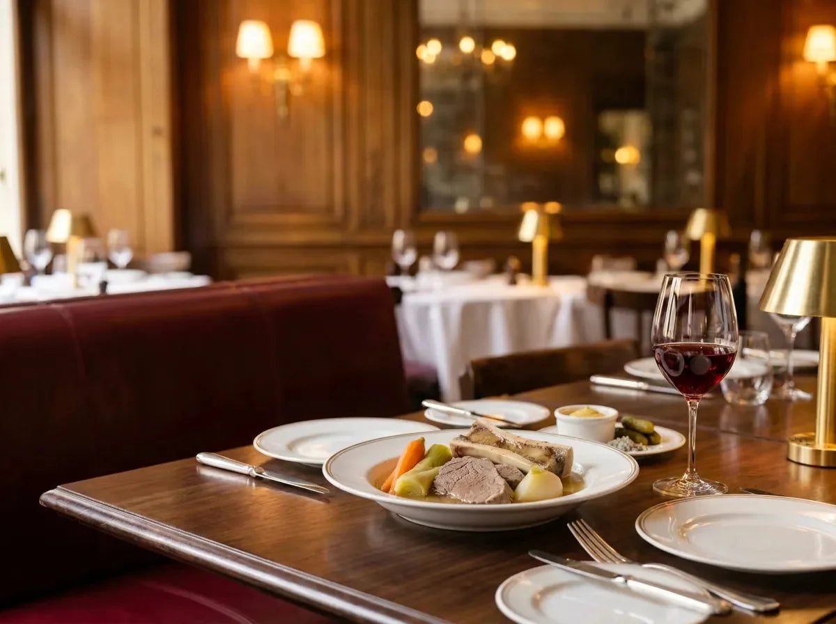 Assiette creuse de pot-au-feu avec bœuf, os à moelle, carottes et poireau, moutarde et cornichons, à côté d'un verre de vin rouge rubis, dans un bistrot chic