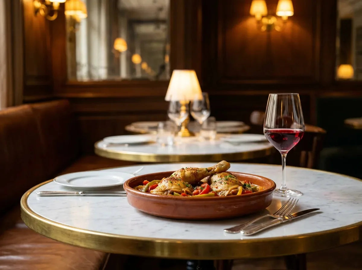Plat en terre cuite de poulet basquaise aux poivrons rouges, verts et jaunes, avec un verre de vin rouge cerise, sur un guéridon en marbre dans un bistrot chic
