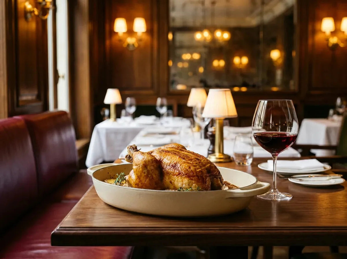 Poulet rôti entier à la peau dorée dans son plat, pommes de terre rôties, ail en chemise et thym, à côté d'un verre de vin rouge rubis, dans un bistrot chic