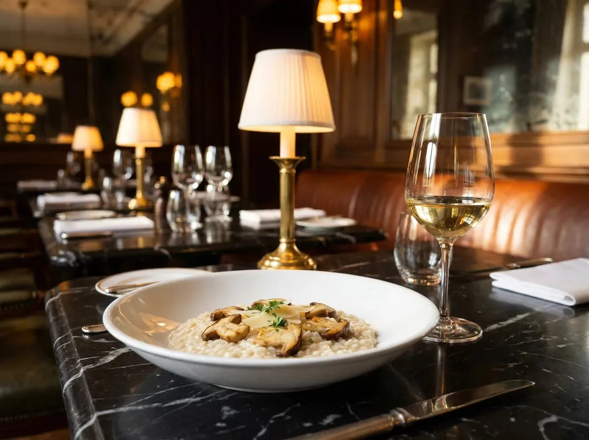 Risotto crémeux aux cèpes dorés et copeaux de parmesan dans une assiette creuse blanche, avec un verre de vin blanc doré, dans un bistrot chic
