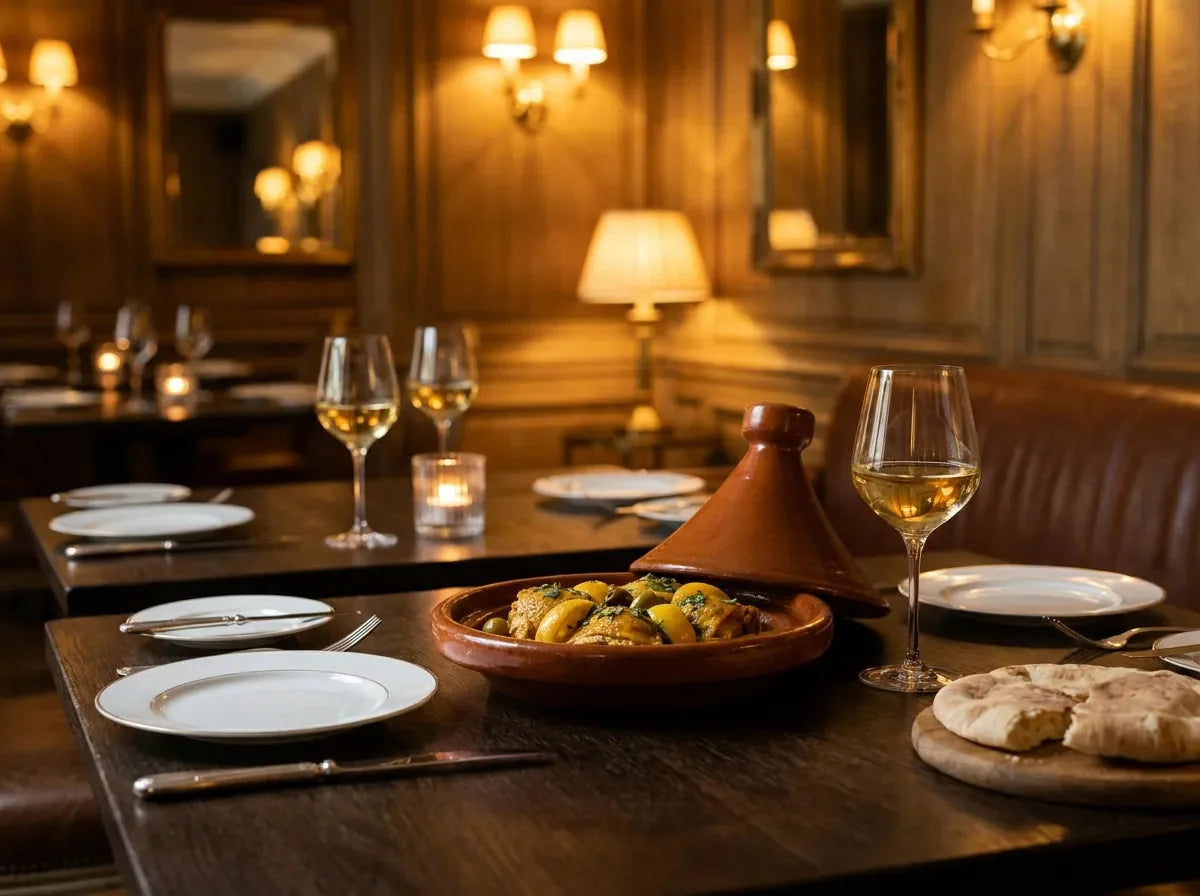 Tajine de poulet au citron confit et aux olives dans son plat en terre cuite, pain rond à côté, avec un verre de vin blanc sec jaune pâle, dans un bistrot chic