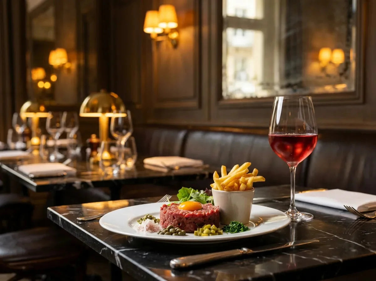 Tartare de bœuf moulé au jaune d’œuf, entouré de câpres, d’échalote et de cornichons, avec des frites et un verre de vin rouge léger, dans un bistrot chic