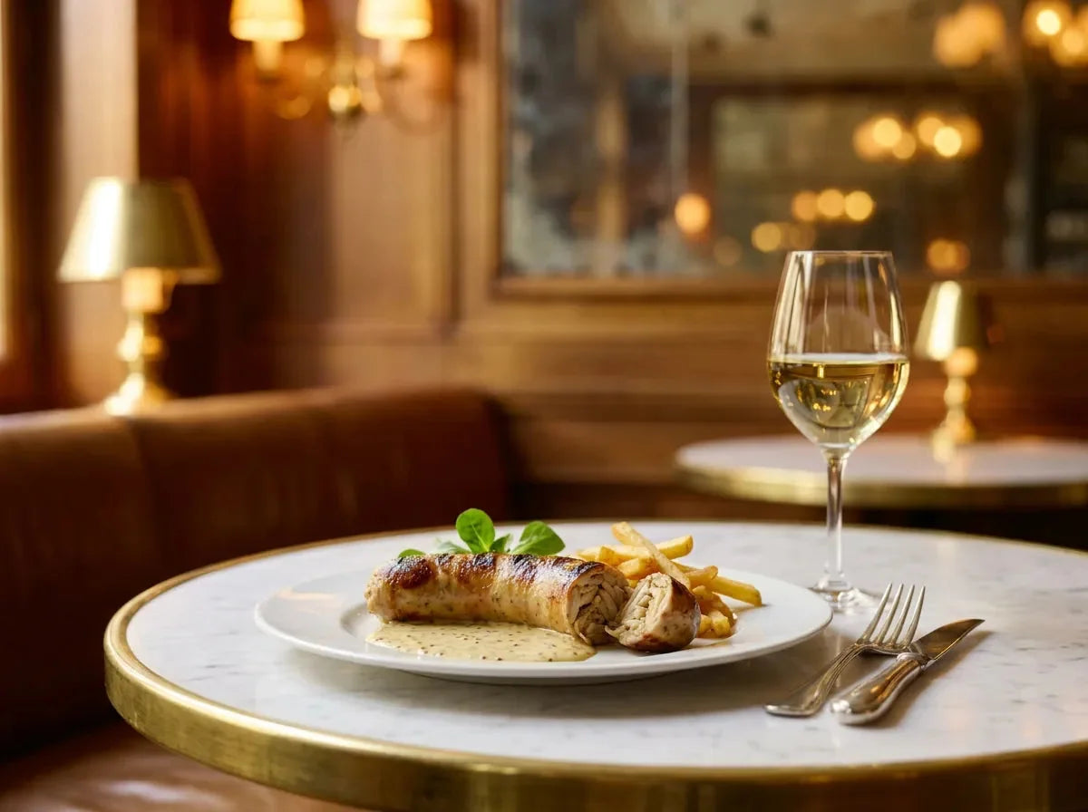 Andouillette grillée entière, ouverte sur sa farce, avec une sauce moutarde et des frites, à côté d’un verre de vin blanc or pâle, dans un bistrot chic