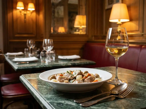Blanquette de veau à la crème, champignons, petits oignons et carottes dans un plat blanc, avec un verre de vin blanc jaune doré, dans un bistrot chic