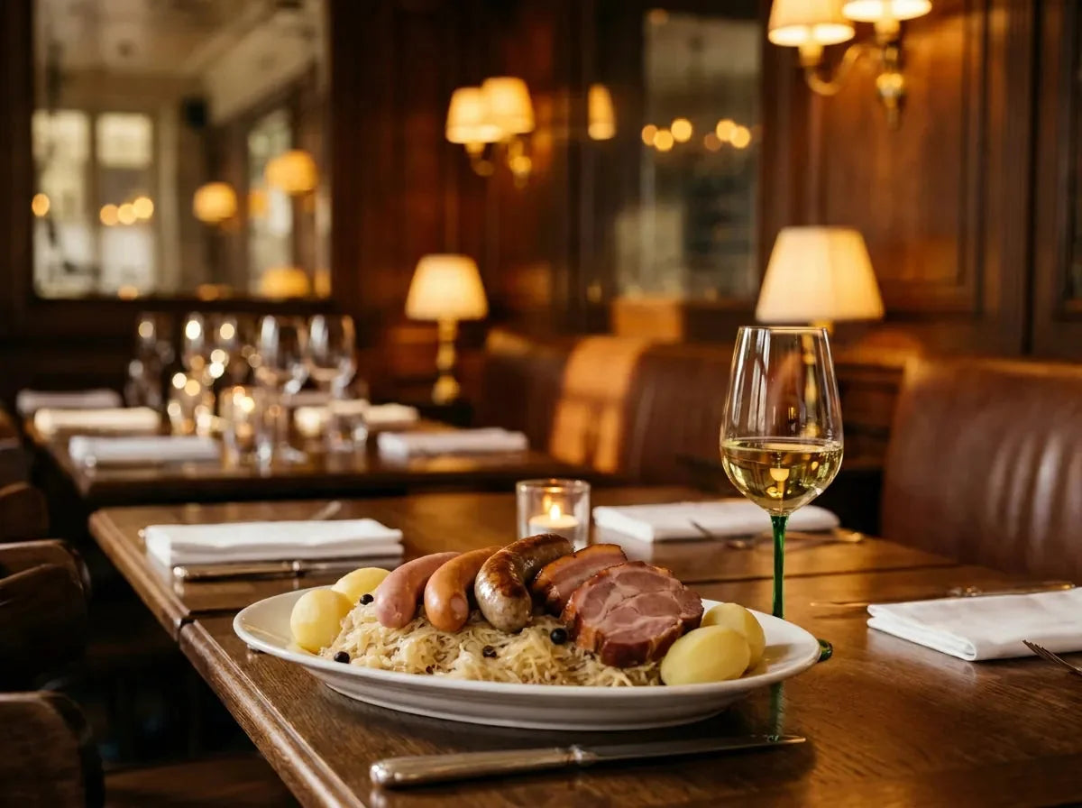 Choucroute garnie servie sur un plat ovale avec saucisses, lard fumé et pommes de terre, à côté d'un verre de vin blanc d'Alsace jaune pâle, dans un bistrot chic