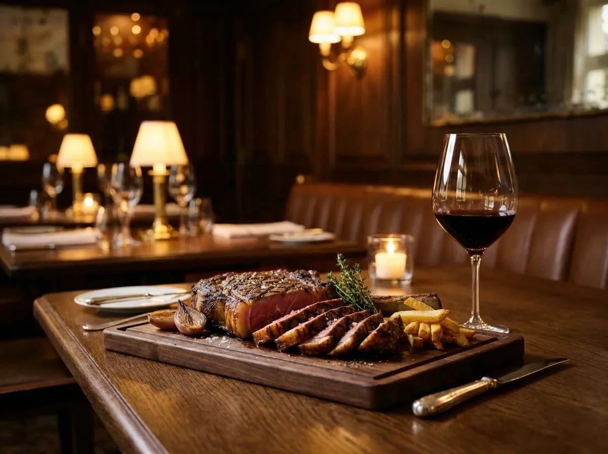 Côte de bœuf grillée tranchée, cœur saignant, sur une planche en bois avec échalotes rôties, et un verre de vin rouge grenat profond, dans un bistrot chic