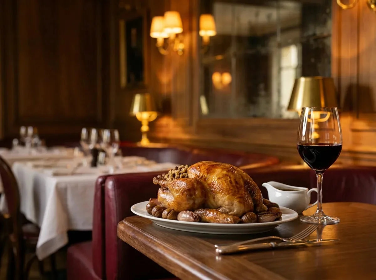Dinde de Noël rôtie et farcie aux marrons sur un plat ovale, avec saucière de jus et un verre ballon de pinot noir rouge rubis, dans un bistrot chic