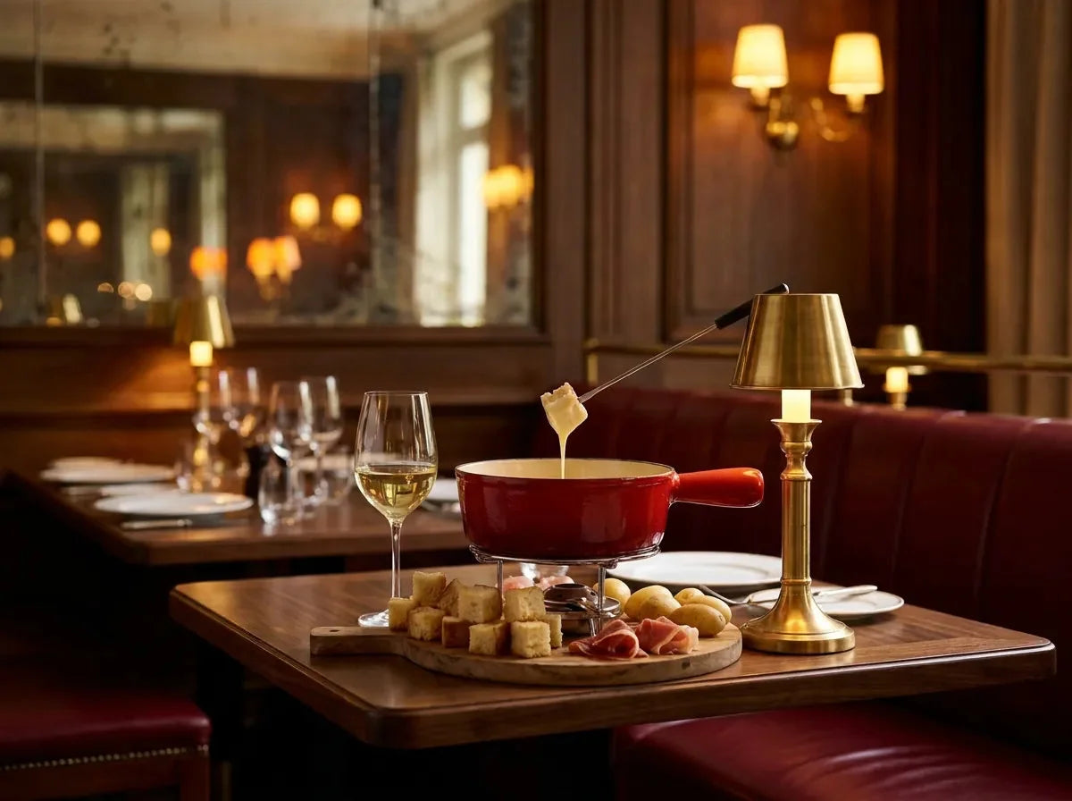 Caquelon de fondue savoyarde au fromage fondu doré, pain en cubes piqué sur une fourchette, charcuterie autour, et un verre de vin blanc sec très pâle, dans un bistrot chic