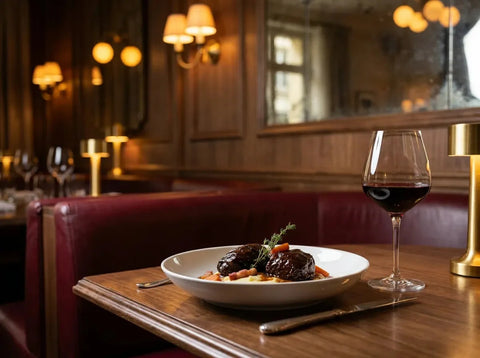 Joues de bœuf braisées nappées d’une sauce au vin rouge brillante, sur une purée avec carottes et lardons, et un verre de vin rouge grenat, dans un bistrot chic