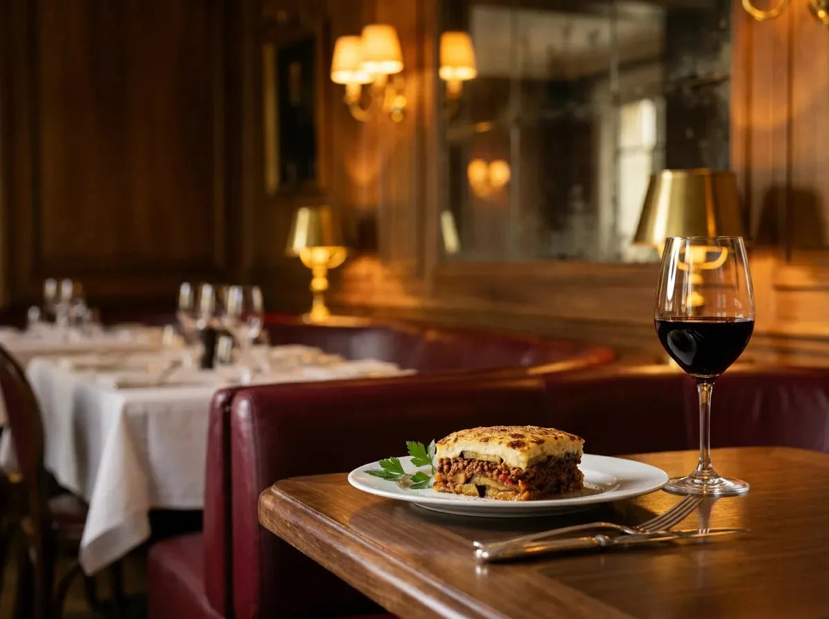 Part de moussaka grecque aux couches d’aubergine, de viande à la tomate et de béchamel gratinée, avec un verre de vin rouge rubis profond, dans un bistrot chic