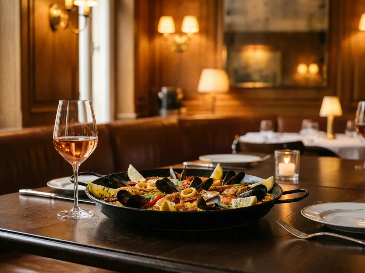 Paella aux fruits de mer, poulet et chorizo dans sa poêle noire, avec quartiers de citron, et un verre de rosé pâle saumoné, dans un bistrot chic
