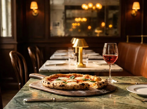 Pizza margherita à la croûte boursouflée, tomate, mozzarella fondue et basilic, à côté d’un verre de vin rouge léger servi frais, dans un bistrot chic