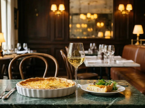 Quiche lorraine dorée entamée dans son moule blanc, une part servie avec une salade verte et un verre de vin blanc sec jaune pâle, dans un bistrot chic