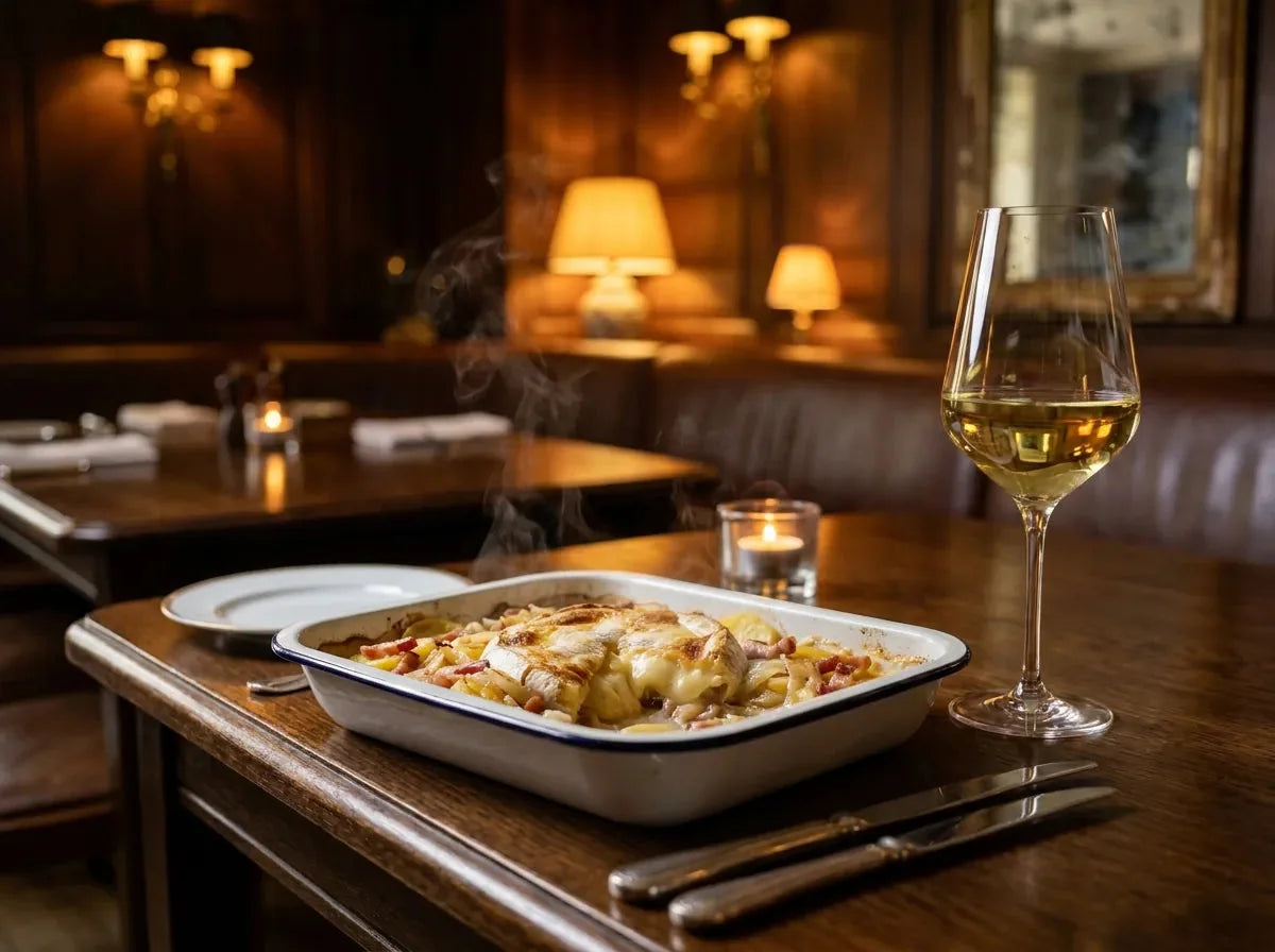Tartiflette gratinée au reblochon doré dans un plat à four, lardons et pommes de terre, servie avec un verre de vin blanc vif, dans un bistrot chic