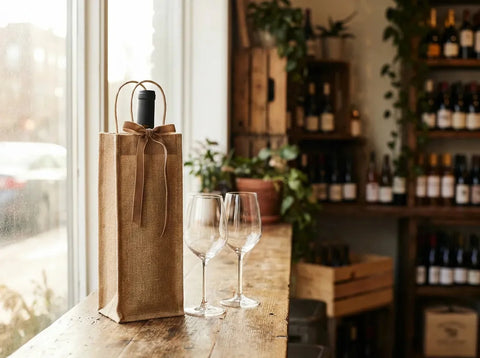 Bouteille de vin dans un sac cadeau en toile de jute noué d'un ruban avec deux verres dans une cave lumineuse