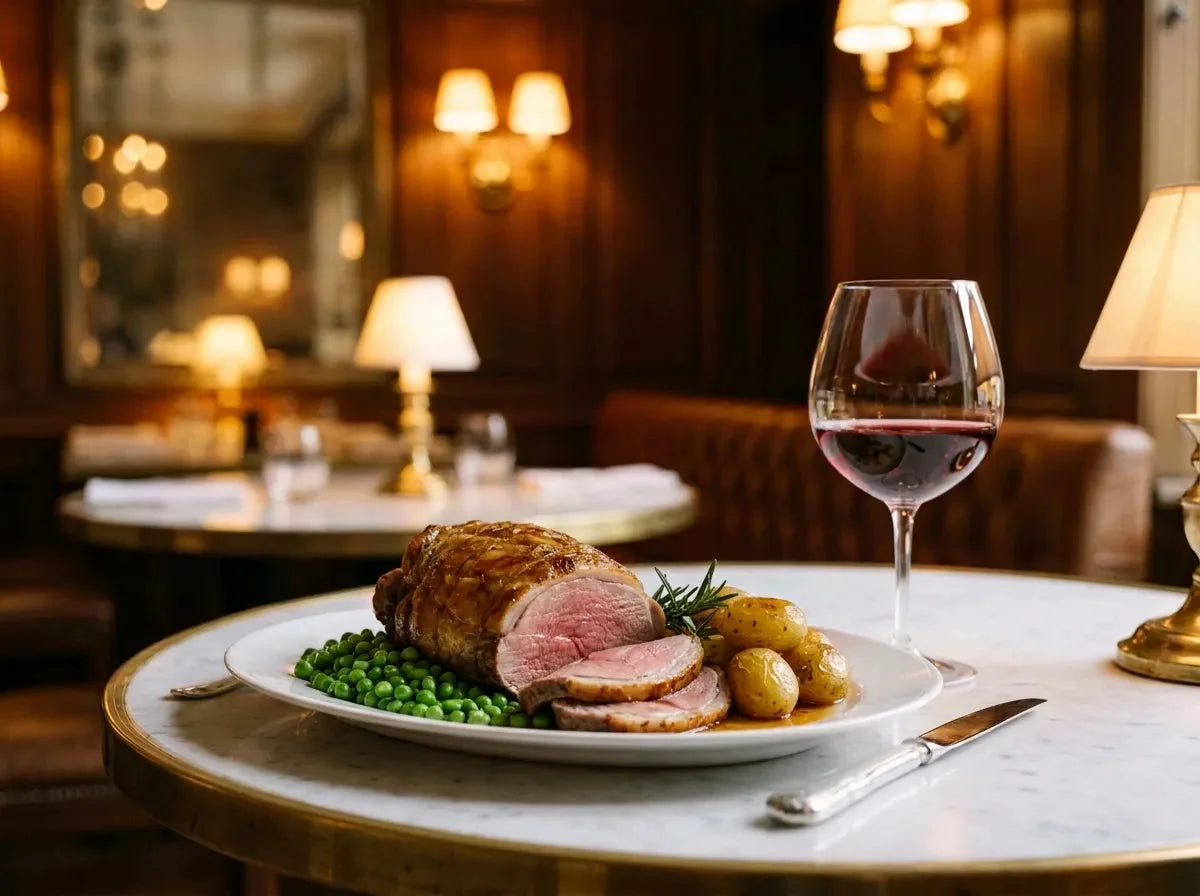 Gigot d'agneau rôti tranché, petits pois et pommes de terre nouvelles sur un plat blanc pour Pâques, avec un verre de vin rouge rubis