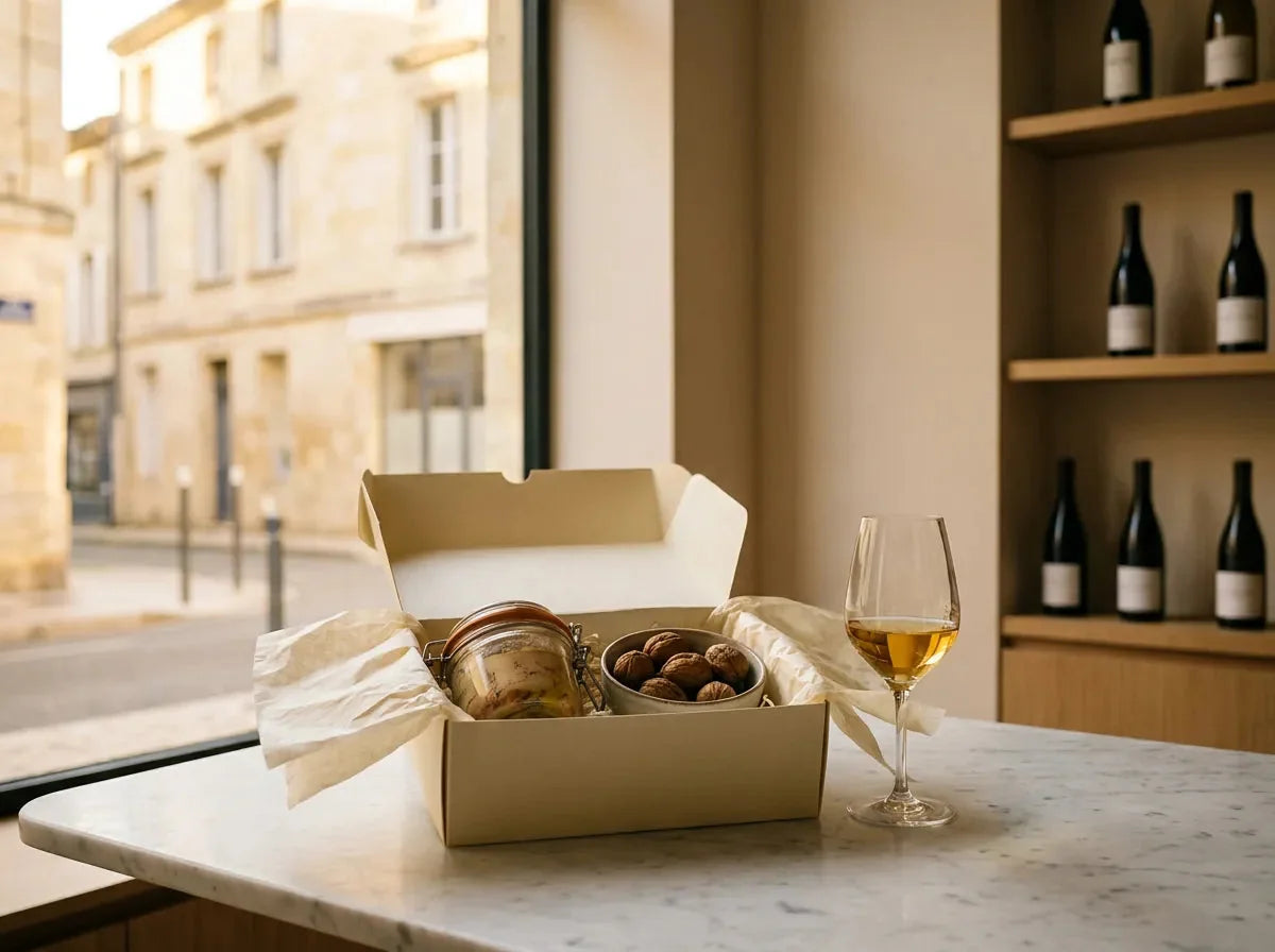 Coffret souvenir du Périgord : bocal de foie gras, noix du Périgord et verre de Monbazillac doré, rues de pierre de Bergerac en fond.