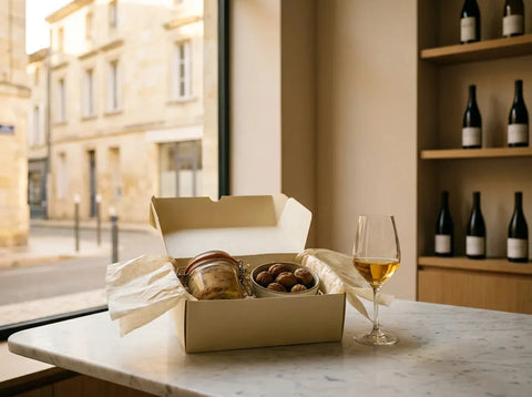 Coffret souvenir du Périgord : bocal de foie gras, noix du Périgord et verre de Monbazillac doré, rues de pierre de Bergerac en fond.