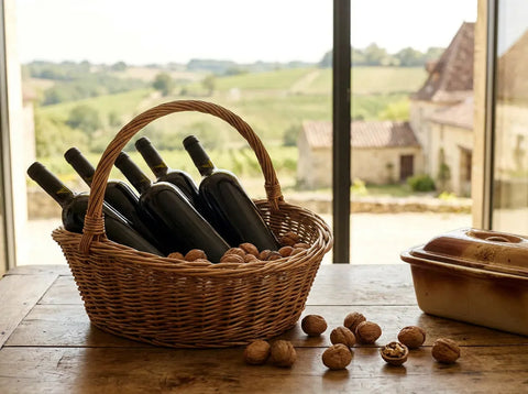 Panier en osier garni de bouteilles de vin et de noix, terrine rustique et paysage du Périgord en arrière-plan